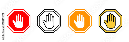 Stop icon set vector. stop road sign. hand stop sign and symbol. Do not enter stop red sign with hand