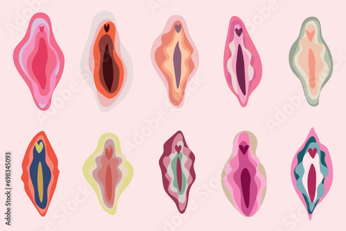 Set of color female vulvas on pink background