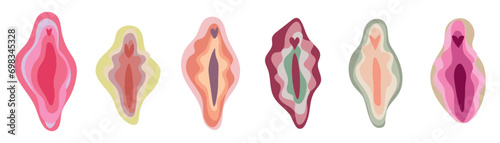 Set of color female vulvas on white background