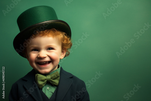 happy smiling boy on green background, Saint Patrick's Day