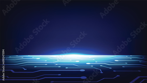 abstract digital circuit board on blue lighting background with space. futuristic technology design element concept