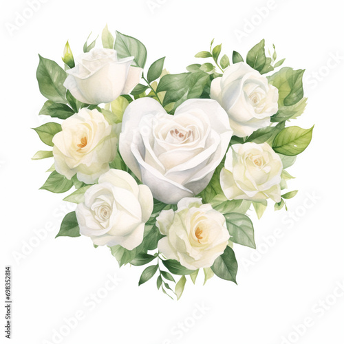 薔薇でできた結婚式のハート 水彩イラスト 白背景