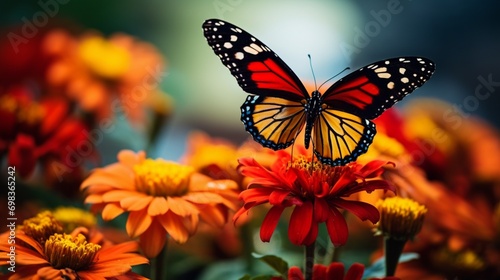A close-up of a delicate butterfly perched on a vibrant flower.