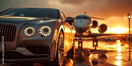 A Bentley car parked next to a white jet