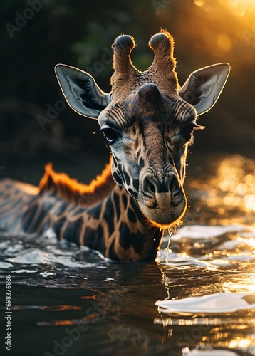 A giraffe in the water with its head up
