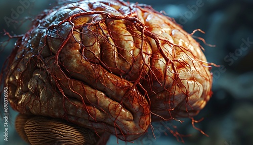 A close-up of a brain with blood vessels