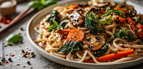 A plate of noodles with vegetables and mushrooms.