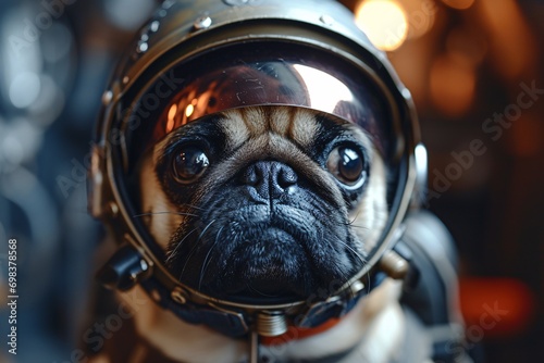 A cute pug dog wearing a space helmet