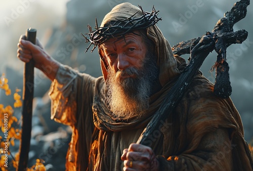 A bearded man wearing a robe and holding a cross