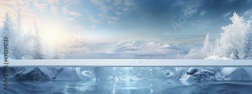 Ice background podium cold winter snow product platform floor frozen mountain iceberg. Podium glacier cool ice background stage landscape display icy stand 3d water nature pedestal arctic concept cave