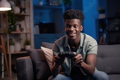 african american gamer winner playing online videogame winning space shoother competition using gaming controller black young man enjoying spending free time home virtual game tv
