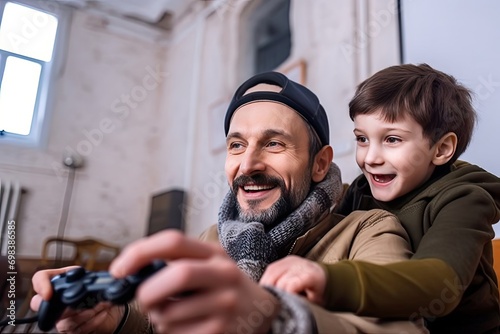 KYIV, UKRAINE JANUARY 15, 2021: excited muslim boy gaming smiling father, blurred foreground