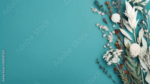 Elegant white and dried flowers artistically arranged on a vibrant teal background with ample copy space.