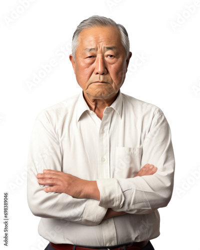 頑固そうな中年おじさんのしかめっ面。日本の老人のポートレート A 60-year-old Japanese grandfather has his arms crossed and looks angry. white background.Generative AI