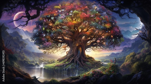 A colossal tree of life in a fantastical jungle, with vibrant flora and fauna thriving in harmony.