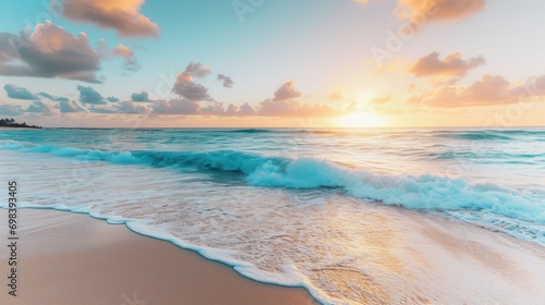 A tranquil beach at dawn with pastel-colored skies and gentle waves