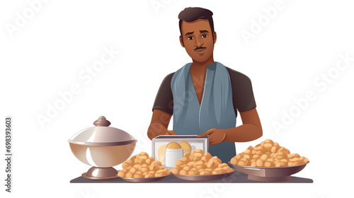 An Indian man is selling pani puri on street,Isolated on transparent PNG background, Generative ai