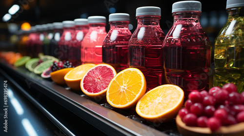 Juice bottles with fruit on a conveyor belt.
