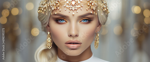 Beautiful blond woman with ideal skin wearing golden luxury jewels