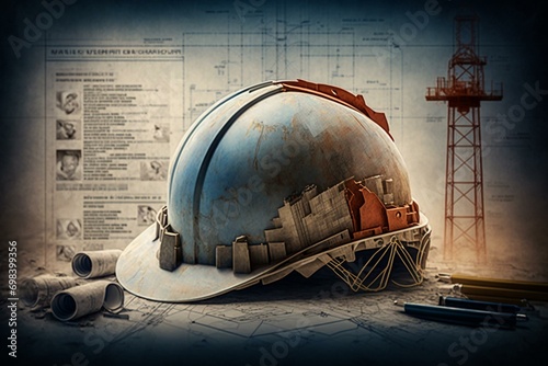 Construction site with blueprint and hard hat. Generative AI