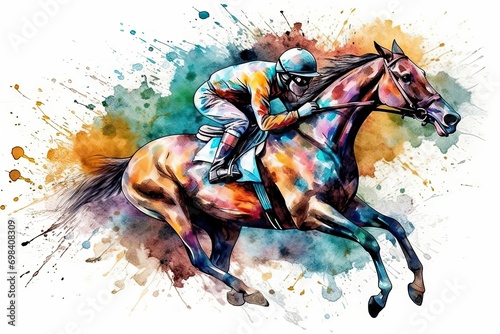 Race horse jockey watercolor splatter background Neural network art