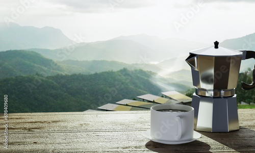 Coffee cup filled with coffee and mocha pot. Warm coffee on the table The background is nature, mountains. sunny in the morning.3D rendering