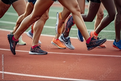 group female athletes run 800meter race athletics competition, everyone has Nike spikes shoes, summer sports games