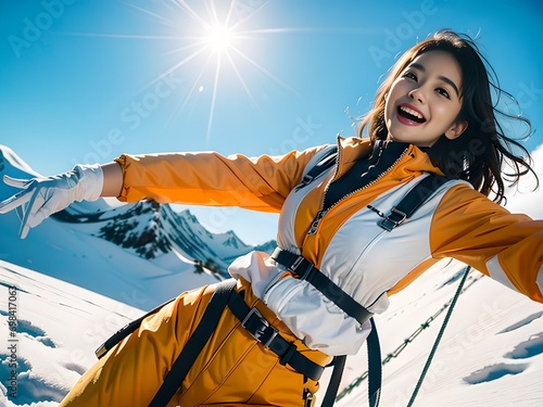 雪の残る山を登山している女性クライマー 雪原で手を広げて感動している