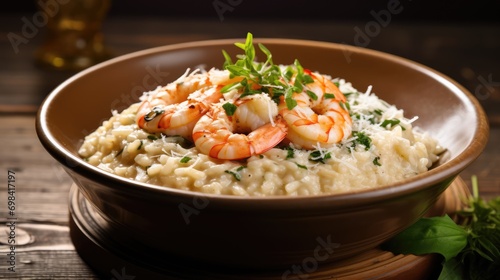 Creamy risotto with shrimps fried prawns, parmesan cheese, fresh herbs on the plate on the wooden table 