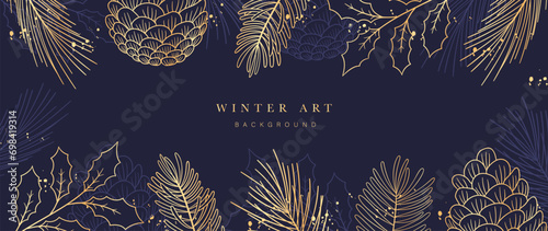 Winter night festival background vector illustration. Luxury pinecone, pine leaves, holly, glitter gold texture on navy blue background. Design for poster, wallpaper, banner, card, decoration.