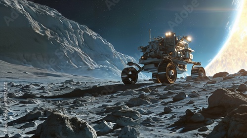 A shiny modern lunar rover on an alien planet. Interstellar exploration. Space colonization. Exoplanet with a rocky landscape. 