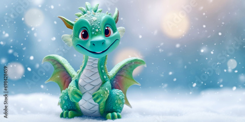 Winter season greeting banner, snowy landscape, empty banner background, green baby dragon