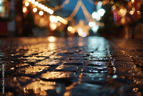 After the rain at the Christmas market: Glistening wet street stones under the night sky, adorned with enchanting bokeh lights in the background generative ai