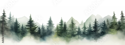 Watercolor illustration of a foggy spruce forest isolated on whi