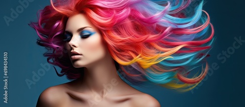Attractive young woman with contemporary, brightly colored and multi-colored hair styling.