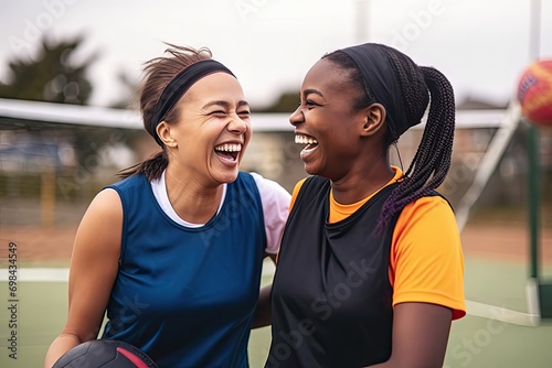 sports friends netball players court happy laughing bond while training outdoors funny women sport team members bonding humor joke silly conversation match practice