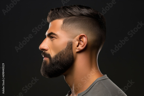 A profile view of a man sporting a trendy fade haircut with a well-groomed beard, epitomizing modern urban masculinity. Male, 34 years old, Middle Eastern ethnicity