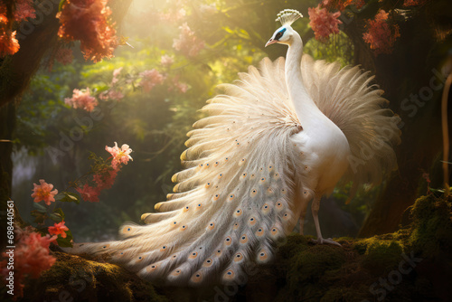 An albino peacock spreading its majestic feathers in a vibrant forest, adding a touch of ethereal beauty to the natural landscapes