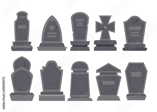 Set of different types of empty tombstone collection, halloween Gravestones set. Old Tomb Collection. Ancient RIP, for Halloween, cemetery or tomb, dead funeral concept, vector illustration, 