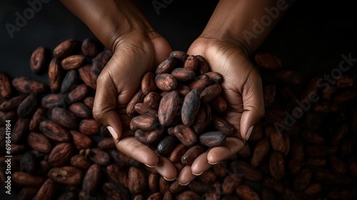 Top view woman’s hands holding brown cocoa beans isolated on dark background. AI generated image