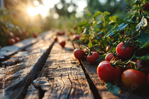 Ripe red tomatoes scattered on a weathered wooden surface, bathed in the warm glow of sunlight filtering through the leaves of tomato plants.