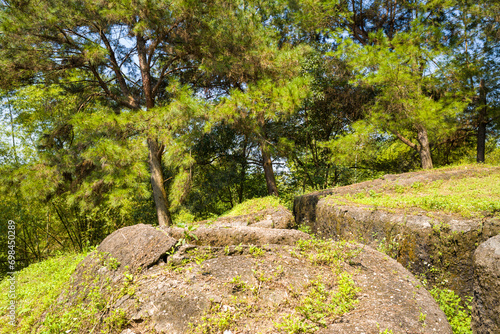 The Beatrice fortified position and its trenches on a green mountain, Asia, Vietnam, Tonkin, Dien Bien Phu, in summer, on a sunny day.