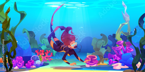 Young woman scuba diver in suit, mask and snorkel for underwater immersion swims in sea and explores corals, algae and sunken objects on sandy bottom. Cartoon vector marine landscape of diving concept