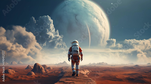 An astronaut walks in his space suit on a distant planet. Outer space 