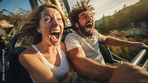 young couple in amusement park screaming