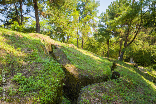 The Beatrice fortified position and its trenches on a green mountain, Asia, Vietnam, Tonkin, Dien Bien Phu, in summer, on a sunny day.