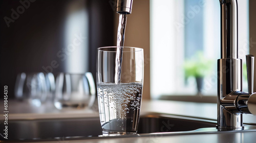 Filling up a glass with clean drinking water from kitchen faucet. Safe to drink tap water. 