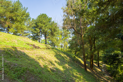 The Beatrice fortified position and its trenches on a green mountain, Asia, Vietnam, Tonkin, Dien Bien Phu, in summer, on a sunny day.