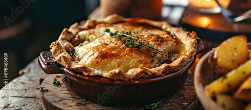 Classic steak and ale pie served with creamed potatoes and steamed leeks, seasoned with thyme. Photographed in a rustic pub setting with ample room for text.