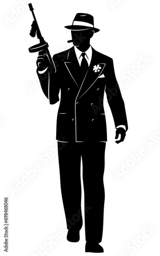 Silhouette of Gangster with Tommy-Gun. Vector clipart isolated on white.